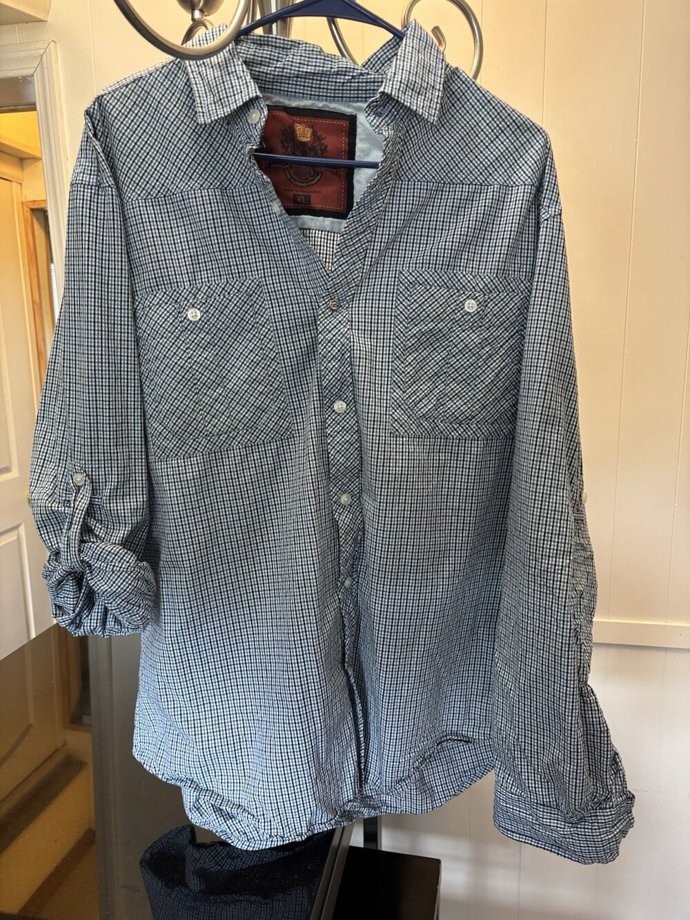 Plaid Long Sleeve Or 3/4 Sleeve Button Up Coastal Cabin Core Blue Plaid Mens XL